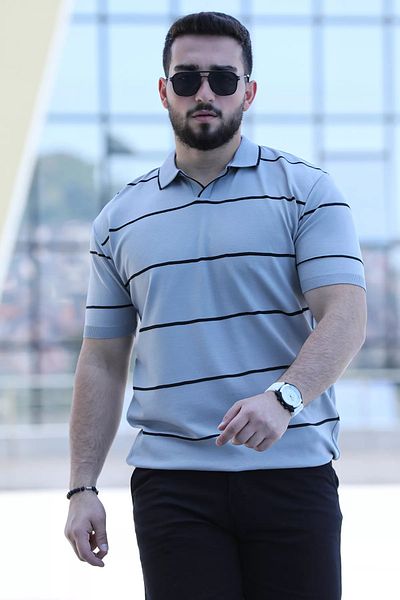 MİSHAR İTALİA Ανδρικό πλεκτό μπλουζάκι με γκρι ρίγες και ελαστικό γιακά πόλο