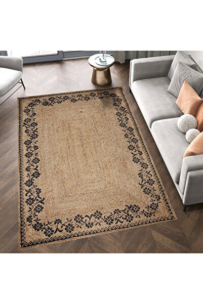 Rugs Modern Halı Lina Koleksiyonu Siyah Çiçekli Bordür Detaylı Jüt Görünümlü ...