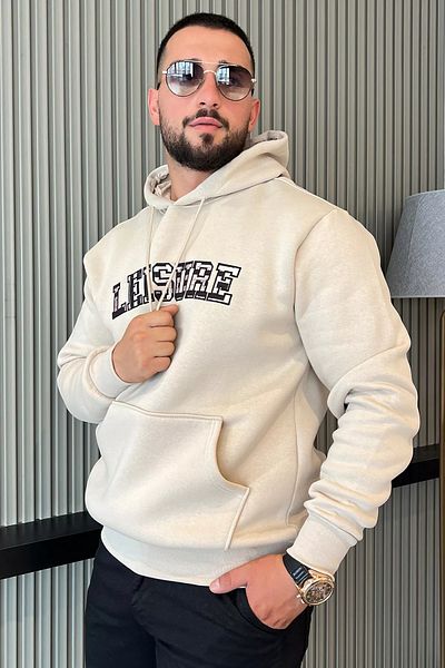 MİSHAR İTALİA Μπεζ ανδρικό φούτερ με κουκούλα με κεντημένο ρολό με τρεις κλωστές