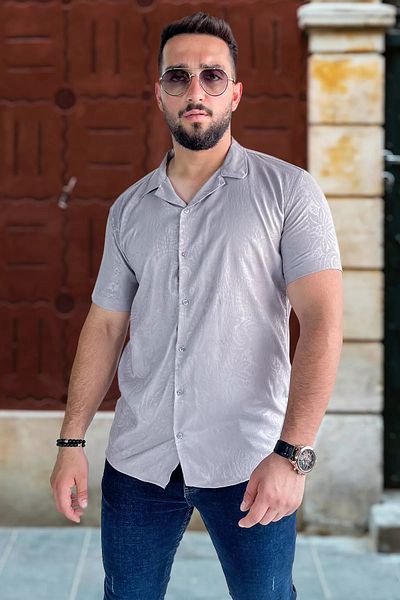 MİSHAR İTALİA Ανδρικό πουκάμισο Aerobin με γκρι Slim Fit σχέδιο