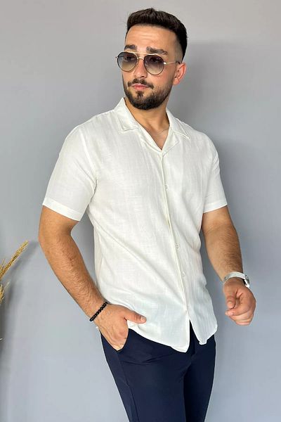 MİSHAR İTALİA Λινό πουκάμισο με μοτίβο σε λεπτή κρέμα