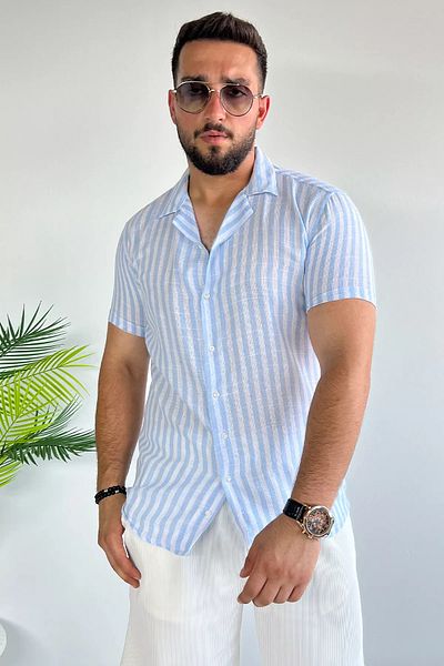 MİSHAR İTALİA Μπλε λινό πουκάμισο με λεπτή εφαρμογή