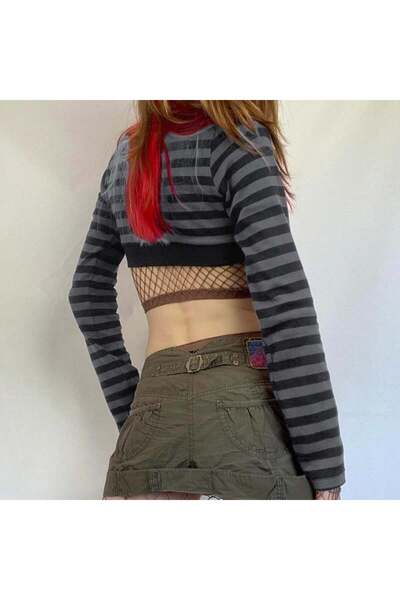 Gofeel Harajuku Street Gri Çift Düğmeli Siyah Şeritli Uzun Kollu Crop