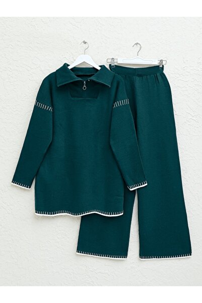 Modamorfo Striped Half Zippered Knitwear Set with Skirt and Sleeves