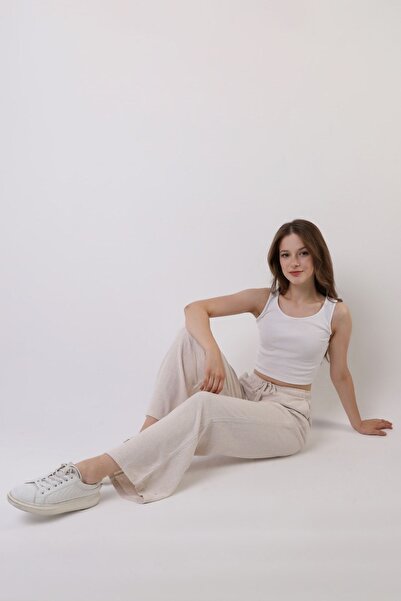 diaves Bej Keten Karışımlı Bol Kesim Pantolon