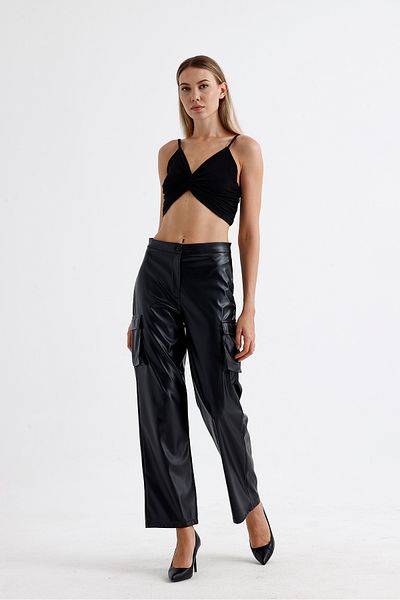 Sense Black Faux Leather Cargo Pants - Pockets, Pnt35246