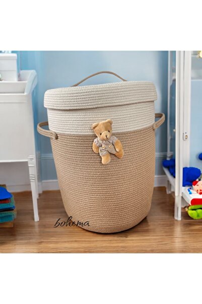 Bohemahomedecor Διακοσμητικό ψάθινο βαμβακερό παιδικό καλάθι για βρώμικα παιχ...