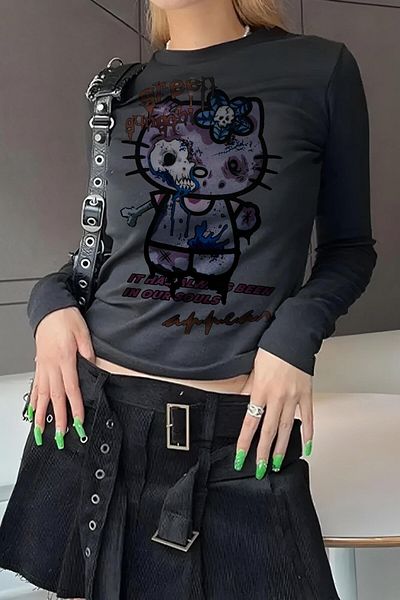 Gofeel Harajuku Street Gothic Cat Long Sleeve Full Length Blouse