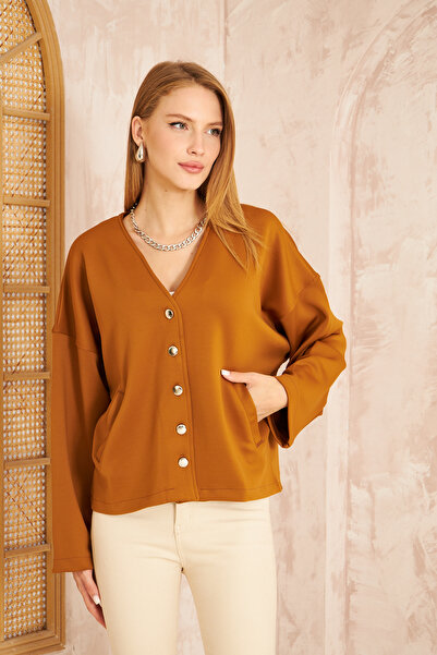 Yıldızistan سترة صوفية نسائية من قماش سكوبا بأكمام طويلة وجيب 3510