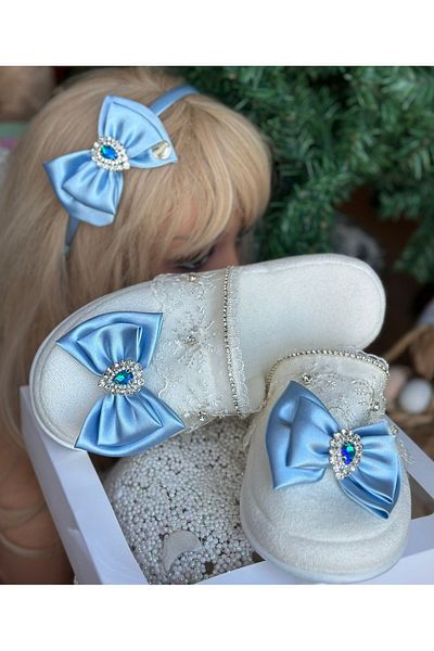QUEEN AKSESUAR Luxury Design - Crystal Stoned Satin Brooch, Bow Mother and Dumb Mevlüt Hospital Slippers Set, Crown Blue
