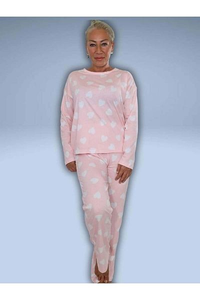ikontarz Pink Large Heart Patterned Long Sleeve Women's Pajamas Set