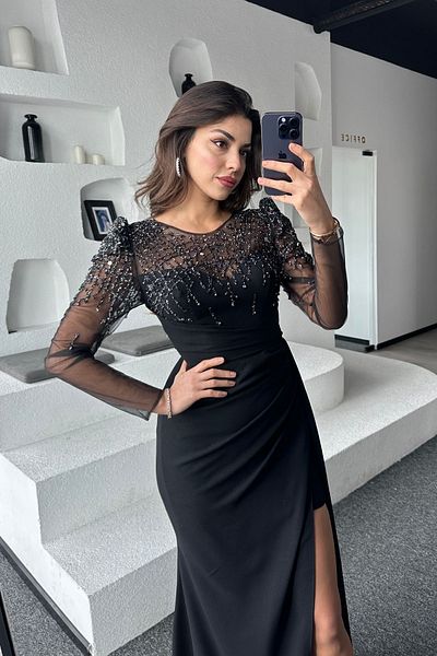 İyem Abiye Stone Embroidered Long Tulle Sleeve and Allerli Crepe Design Evening Dress Full Pattern