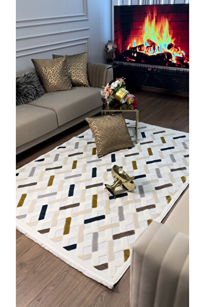 Ecosıa İskandinav Halı Çapraz Model Krem Modern Salon Halı Koridor Halısı Yol...