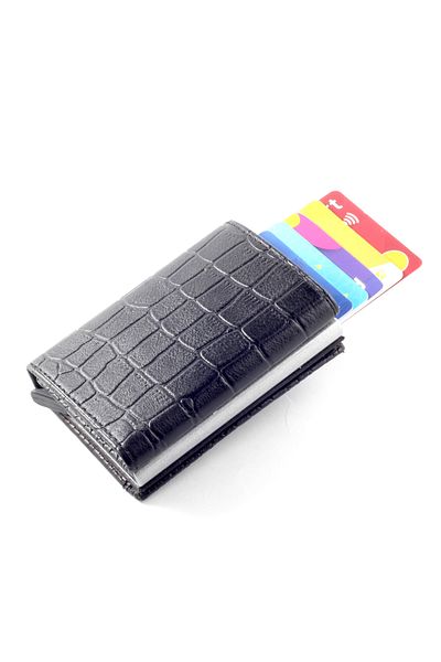Ancora Leather Ανδρικό Πορτοφόλι - Γνήσιο Δερμάτινο Croco, Αυτόματη θήκη κάρτας, Μηχανισμός, Μαύρο Ματ