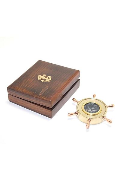 HSDemirci Brass Rudder Compass with Wooden Box