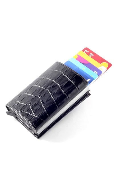 Ancora Leather Μαύρο ανδρικό πορτοφόλι από γνήσιο δέρμα Croco - Αυτόματη θήκη κάρτας και μηχανισμός