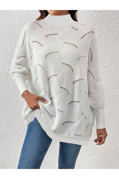 Trendusfashion Μακρυμάνικο ζιβάγκο με κούφιο πλέγμα Λεπτομέρεια Oversize Πλεκτό Φόρεμα