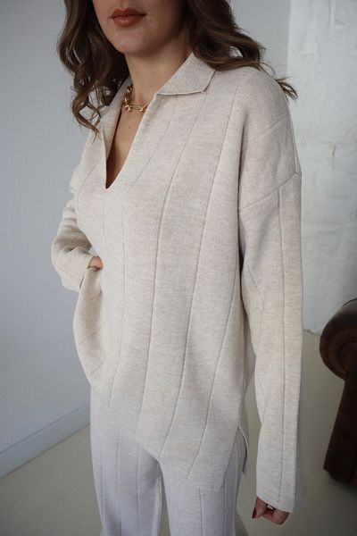LoremLavida Lavida Cotton V Polo Collar Oversize Knitwear Set - Extra Soft Long Slit Women's Pants Sweater