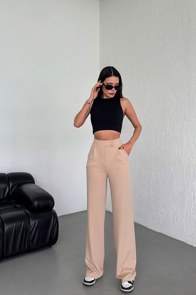 naymanlife High Waist Lycra Beige Palazzo Trousers - Velcro Closure, Flexible and Comfortable