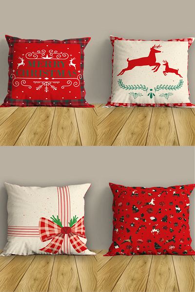 Belle Benoit Set de huse de pernă cu 4 locuri decorative cu imprimeu dublu cu design roșu de Anul Nou