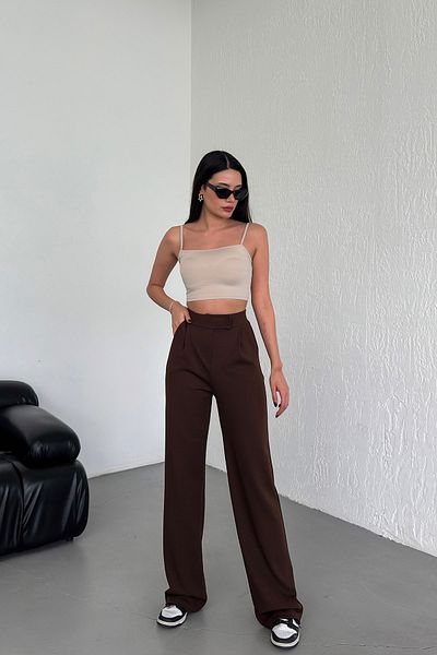 naymanlife Women's Brown Velcro Closure Comfortable Palazzo Pants High Waist Lycra Flexible Waist Elastic