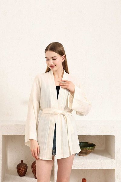 COTTOWOO Ecru Muslin Women's Short Kimono Jacket - Wrapped, Belted Pareo
