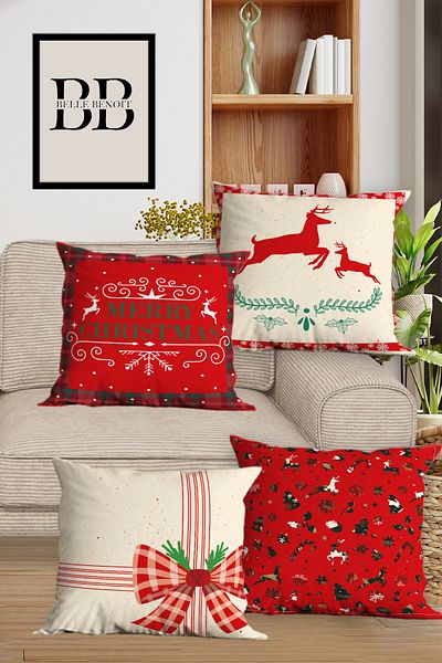 Belle Benoit Set de huse de pernă cu 4 locuri decorative cu imprimeu dublu cu design roșu de Anul Nou