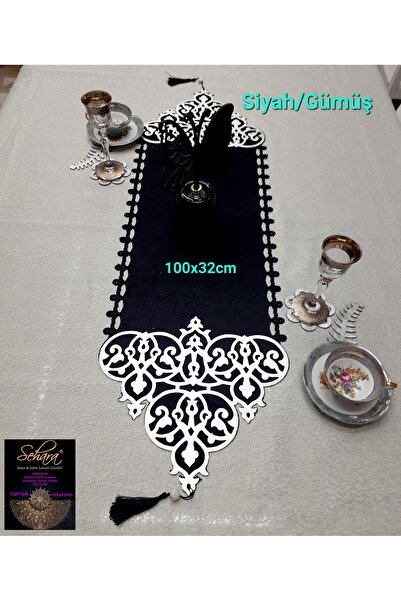 SEHARA 1 Adet Runner(100X 32.5CM)/kadife/siyah-gümüş/2 Yaprak,2 Çiçek Motifi ...