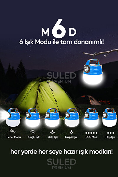 SULED 6 Modlu El Feneri ve Kamp Lambası USB & Solar Şarjlı SMD Led Askılı Taşınabilir Işık