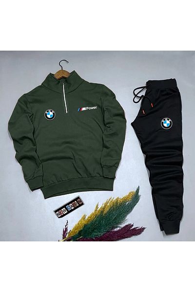 NewCabin Bmw Printed Khaki Green and Black Cotton Sweat-Sweatpants Set of 2