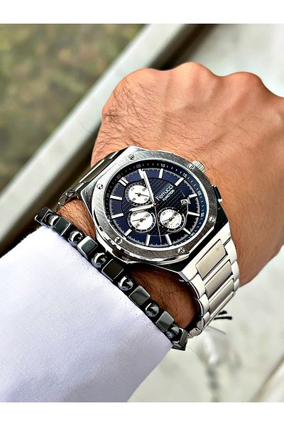 Ferrucci Silver Color Steel Cord Functions Active Men's Wrist Watch + Bracelet