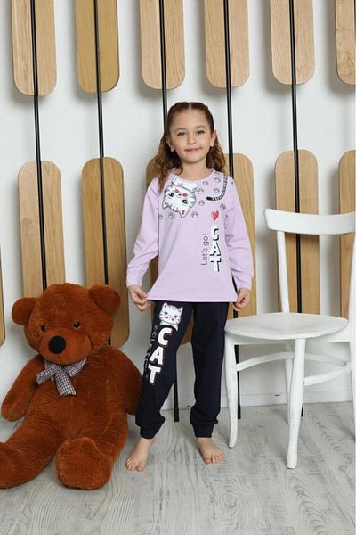 Mutlu City New Season Girl's Waiter Long Sleeve Cotton Cat Pattern Combed Cotton Pajama Set 6053
