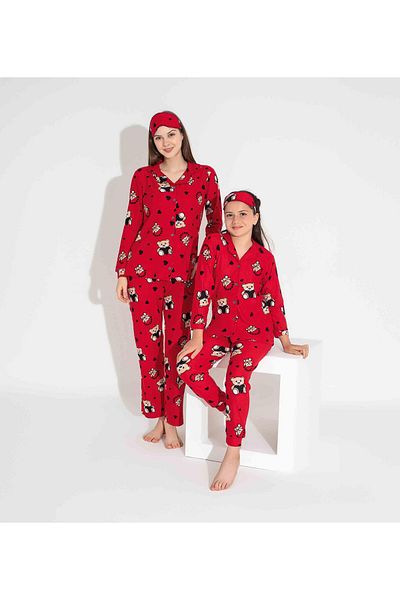 Mutlu City New Season Autumn/Winter Girls' Teddy Bear Pattern Suede Pajamas Set 2724-2 Red