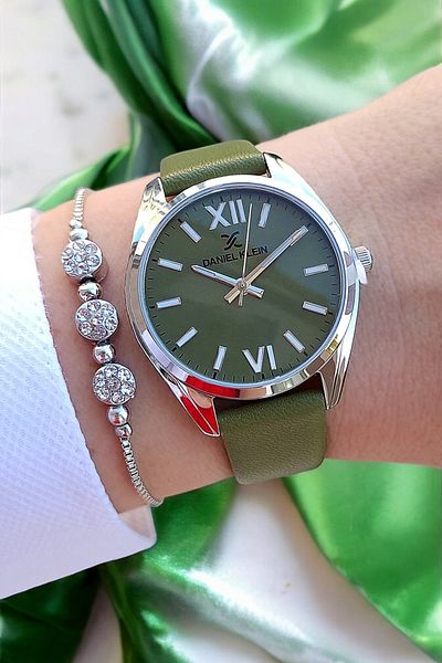Daniel Klein Green Leather Strap Women's Wristwatch + Zircon Stone Bracelet