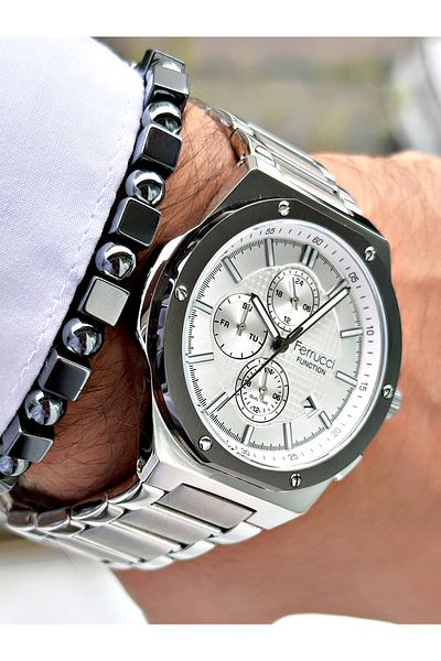 Ferrucci Silver Color Steel Cord Functions Active Men's Wrist Watch + Bracelet
