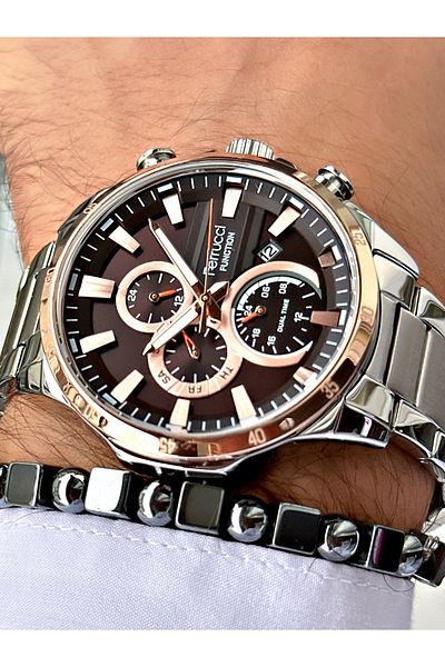 Ferrucci Silver Color Stylish Sports Steel Cord Function Men's Wrist Watch + Bracelet