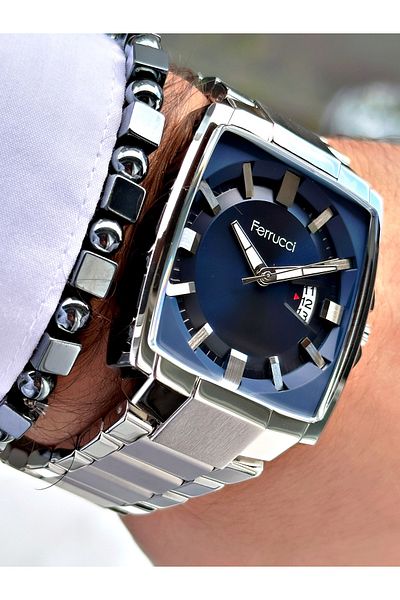 Ferrucci Silver Color Square Classic Steel Cord Men's Wrist Watch + Bracelet