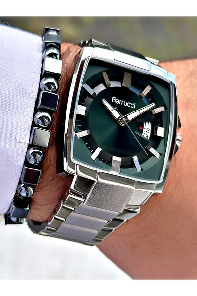 Ferrucci Silver Color Square Classic Steel Cord Men's Wrist Watch + Bracelet