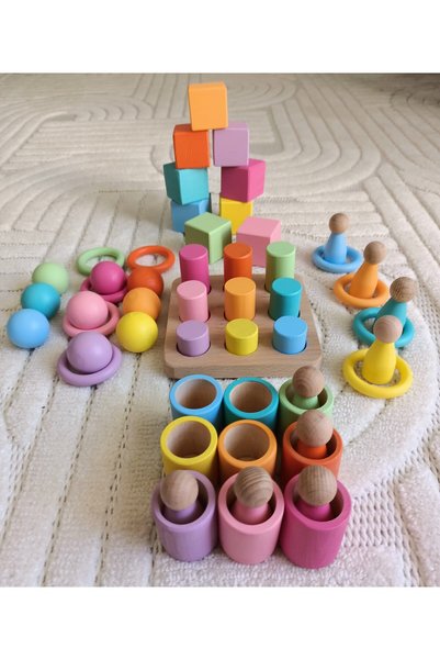 Moccotoys Montessori Eşleştirme Tablalı Silindir Halka Peg Bebek Kase Küp Seti - 9 Renk