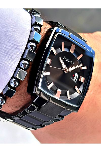 Ferrucci Black Color Square Classic Steel Cord Men's Wrist Watch + Bracelet