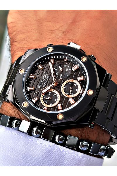 Ferrucci Black Color Steel Cord Sports Model Men's Wrist Watch + Bracelet