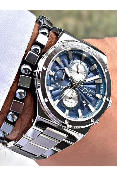 Ferrucci Silver Color Functions Active Sports Steel Cord Men's Wrist Watch + Bracelet
