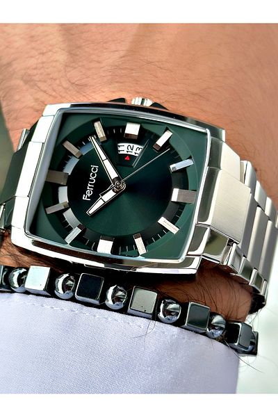 Ferrucci Silver Color Square Classic Steel Cord Men's Wrist Watch + Bracelet