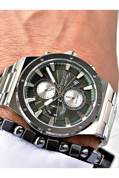 Ferrucci Silver Color Functions Active Sports Steel Cord Men's Wrist Watch + Bracelet
