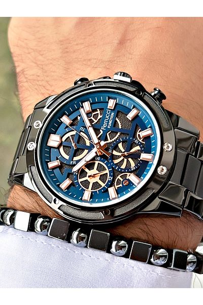 Ferrucci Black Color Functions Active Sports Steel Cord Men's Wrist Watch + Bracelet