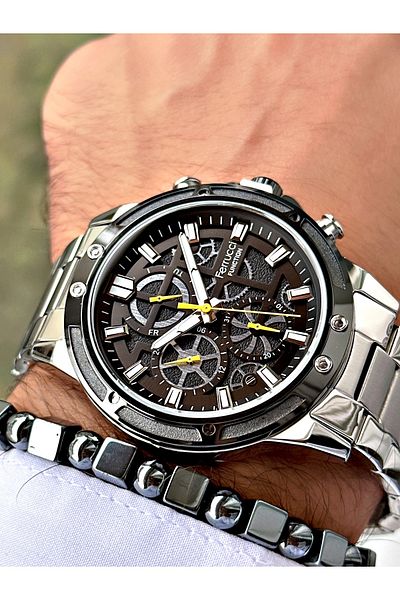 Ferrucci Silver Color Functions Active Sports Steel Cord Men's Wrist Watch + Bracelet
