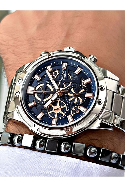 Ferrucci Silver Color Functions Active Sports Steel Cord Men's Wrist Watch + Bracelet