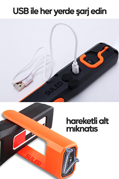 SULED Manyetik Tamirci El Feneri 3 Modlu Şarjlı COB Xpe Led Acil Durum Kamp Tamir İkaz Lambası Askılı