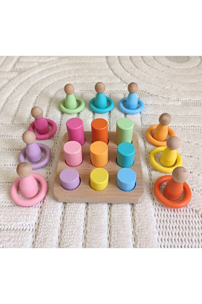 Moccotoys Montessori Eşleştirme Tablalı Silindir Halka Peg Bebek Seti - 9 Renk