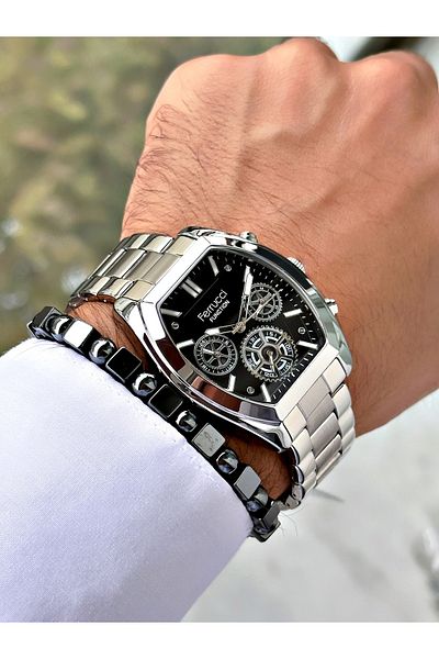 Ferrucci Silver Color Functions Active Square Model Classic Men's Wrist Watch + Bracelet